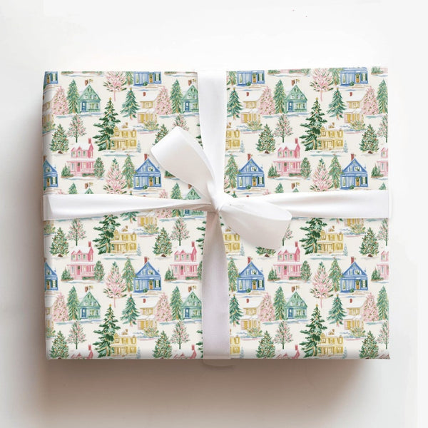 Winter Village Holiday Gift Wrap, Watercolor Christmas Wrapping Paper, Festive Xmas Gift Wrap Paper, Seasonal Present Wrappin