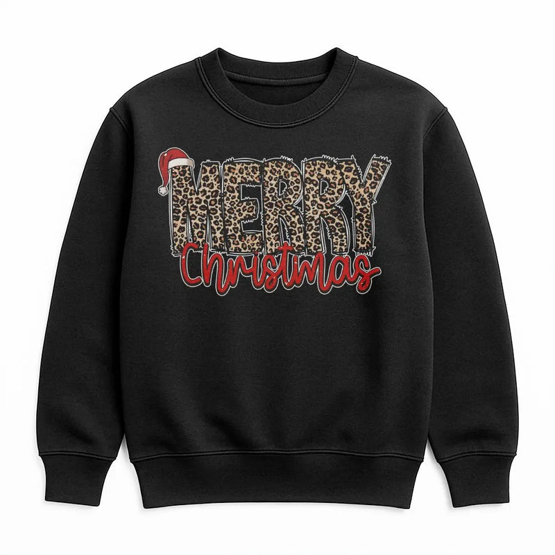 Santa Hat Holiday Sweatshirt, Merry Christmas Leopard Print Sweatshirt, Retro Xmas Leopard Crewneck, Festive Winter Pullover Present