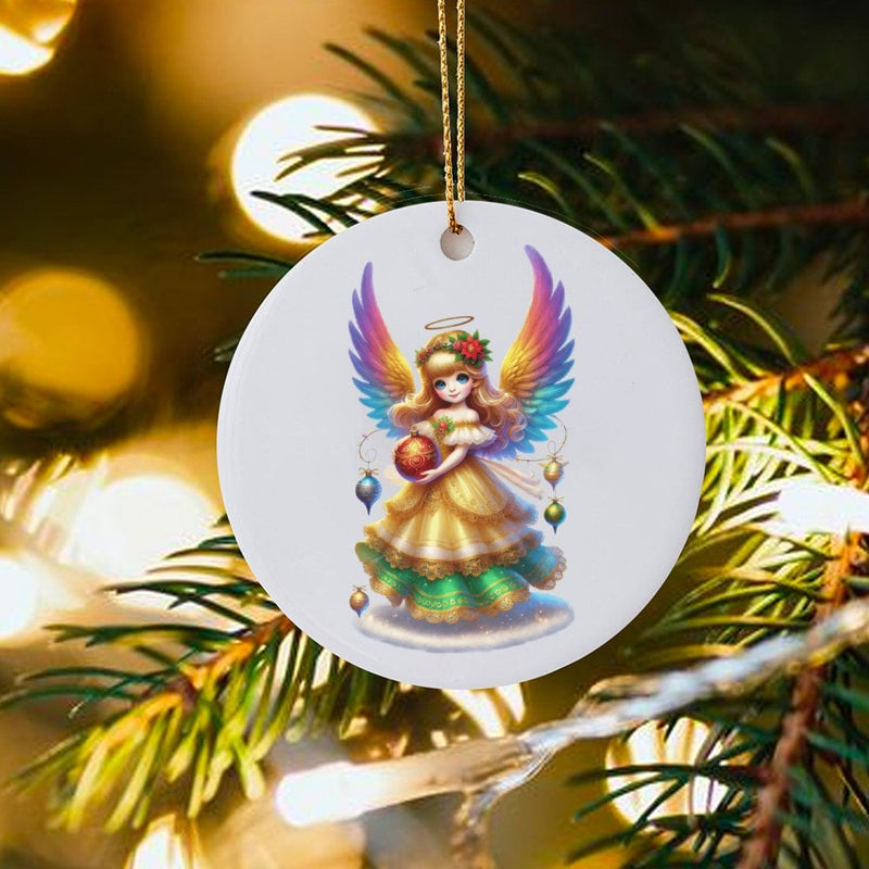 Adorable Ceramic Angel Tree Ornament, Rainbow Wings Angel Christmas Ornament, Colorful Wing Keepsake, Festive Xmas Tree Circle Ornament