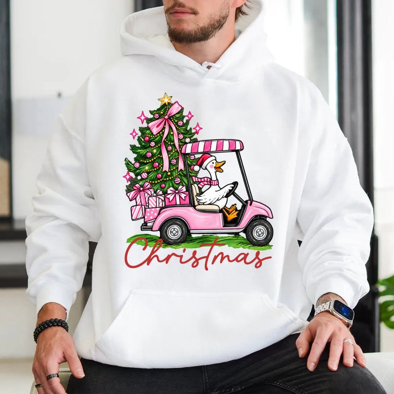 Humorous Christmas Goose Hoodie, Christmas Golf Cart Goose Hoodie, Retro Pink Christmas Tree Hoodie, Golf Cart Holiday Sweatshirt, Xmas Present