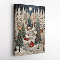 Winter Forest Papercraft Canvas Print, Snowy Christmas Village Canvas Wall Art, Holiday Village Canvas Decor, Festive Snow Landscape Print