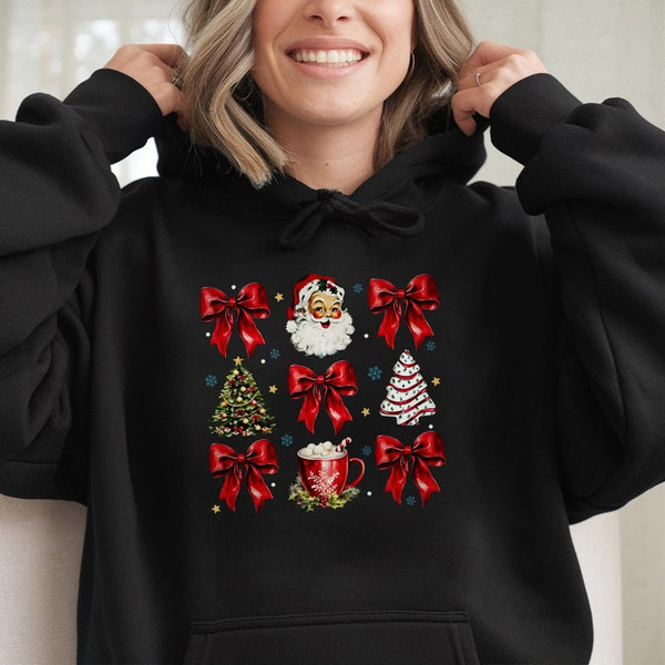Santa Red Bow Holiday Hoodie, Vintage Santa Red Bow Christmas Hoodie, Vintage Christmas Hooded Sweatshirt, Comfy Xmas Present