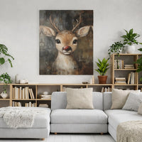 Rustic Oil Painting Reindeer Canvas Print, Red Nosed Reindeer Canvas Wall Art, Christmas Holiday Canvas Art, Winter Seasonal Canvas Decor