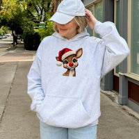 Faux Knitted Yarn Deer Sweatshirt, Reindeer Christmas Hoodie, Adorable Xmas Graphic Hooded Pullover, Comfy Holiday Deer Hoodie, Winter Present