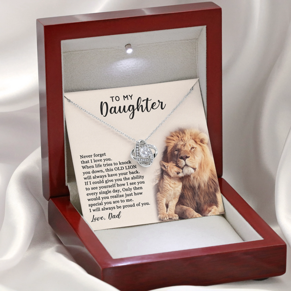 Lion Dad Sentiment Necklace, To My Daughter Love Knot Necklace, 14k White Gold Pendant Necklace, Meaningful Birthday Christma