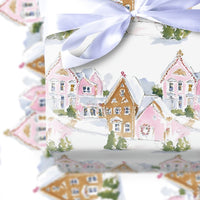 Watercolor Christmas Village Gift Wrap, Pink Gingerbread House Wrapping Paper, Whimsical Holiday Wrapping Paper, Adorable Xmas Gift Wrap Roll