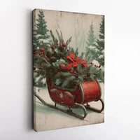 Rustic Red Sled Snowy Pine Canvas, Vintage Christmas Sleigh Canvas Wall Art Print, Festive Holiday Farmhouse Digital Download Decor