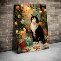 Holiday Tree Oil Painting Canvas Art, Tuxedo Cat Christmas Canvas Print, Festive Winter Cat Canvas Wall Art, Comfy Xmas Pet Lover Decor