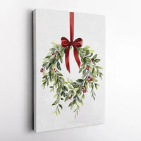 Holly Berry Red Bow Canvas Print, Watercolor Christmas Wreath Canvas Art, Festive Holiday Wall Art, Winter Botanical Canvas, Holiday Present