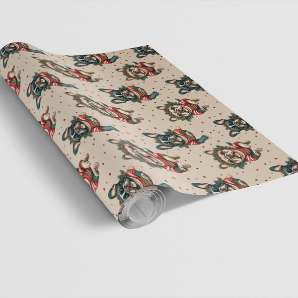 Festive Frenchie Holiday Gift Wrap Roll, French Bulldog Christmas Wrapping Paper, Dog Lover Christmas Wrapping Paper, Puppy P