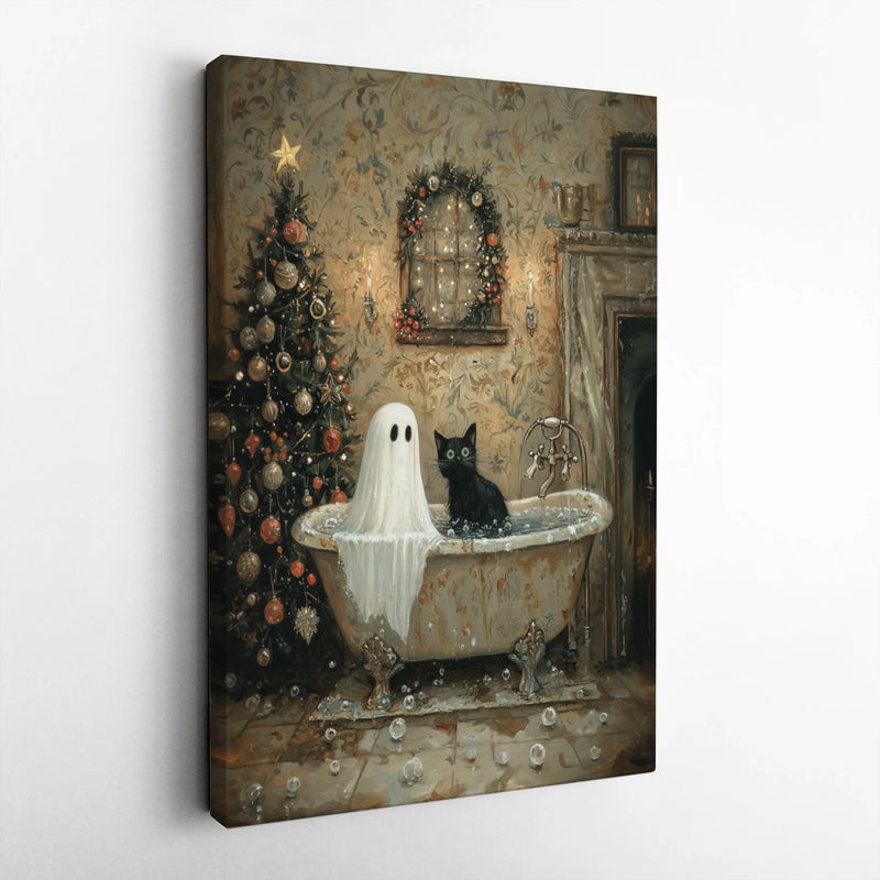 Whimsical Holiday Bath Canvas Print, Ghost and Black Cat Christmas Canvas Wall Art, Spooky Season Cat Canvas, Holiday Wall Decor, Cat Present