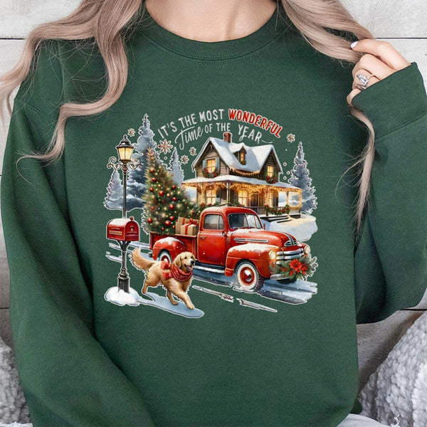 Vintage Red Truck Holiday Sweater, Christmas Golden Retriever Sweatshirt, Retro Dog Lover Crewneck, Winter Xmas Dog Pullover,