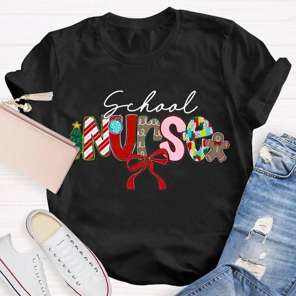 Festive Bow Holiday Nurse Tee, School Nurse Christmas Shirt, Merry Christmas RN T-Shirt, School Healthcare Worker Xmas Presen