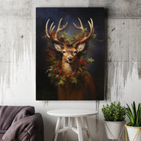 Festive Deer Holly Wreath Canvas Print, Christmas Stag Canvas Wall Art, Rustic Holiday Canvas Art, Winter Deer Wall Decor Present for Home