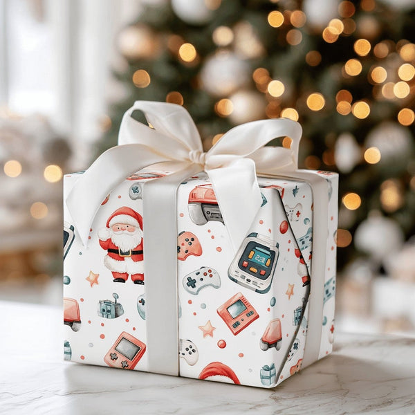 Retro Gaming Santa Gift Wrap, Gamer Christmas Wrapping Paper, Video Game Controller Wrapping Paper, Holiday Gamer Gift Wrap, 