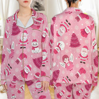 Adorable Santa Animal Holiday Pajamas, Pink Christmas Satin Pajamas Set, Girly Xmas Sleepwear Set, Festive Satin Loungewear Pajamas Present