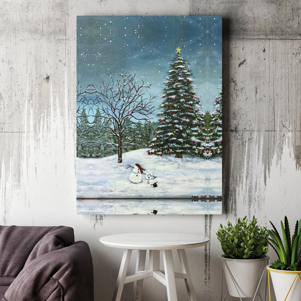 Snowy Christmas Tree Scene Print, Christmas Snowman Winter Landscape Canvas Wall Art, Holiday Christmas Wall Art, Art Digital
