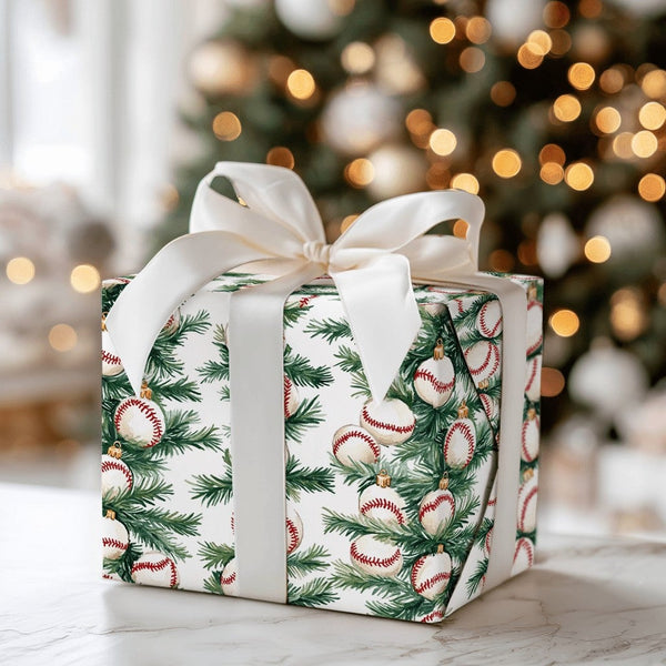Sports Ornament Holiday Gift Wrap, Baseball Christmas Wrapping Paper, Pine Branch Baseball Wrapping Paper, Festive Sports Wra