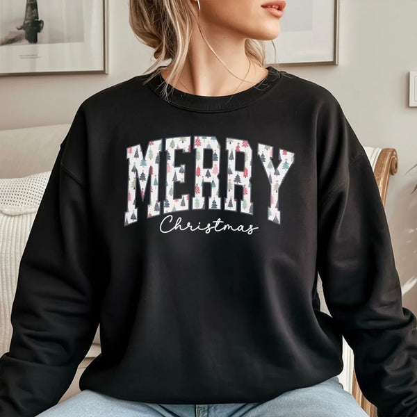 Varsity Lettering Holiday Crewneck, Merry Christmas Tree Sweatshirt, Retro Christmas Graphic Sweater, Festive Winter Holiday 