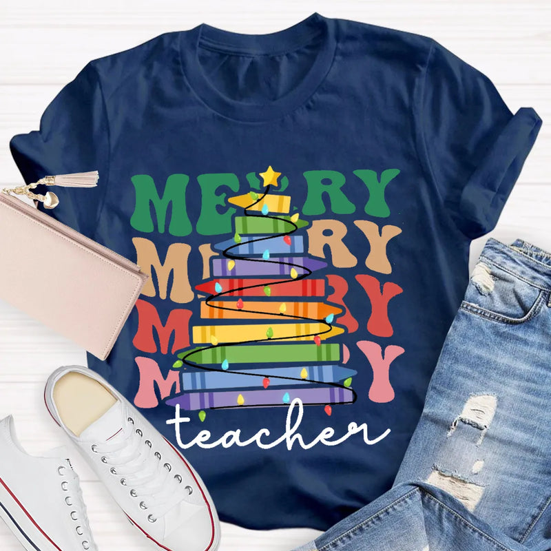 Holiday Classroom Graphic Shirt, Crayon Christmas Tree Teacher T-Shirt, Adorable Festive Xmas Tee, Present for Teachers