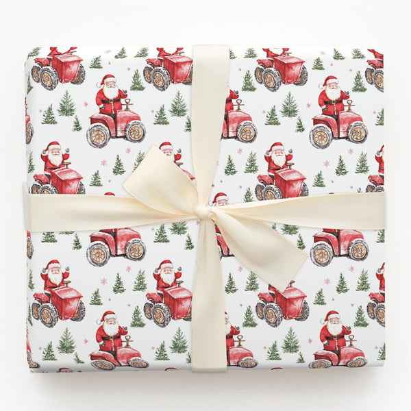 Farmhouse Santa Gift Wrap Roll, Santa on Tractor Christmas Wrapping Paper, Watercolor Holiday Wrapping Paper, Rustic Christma