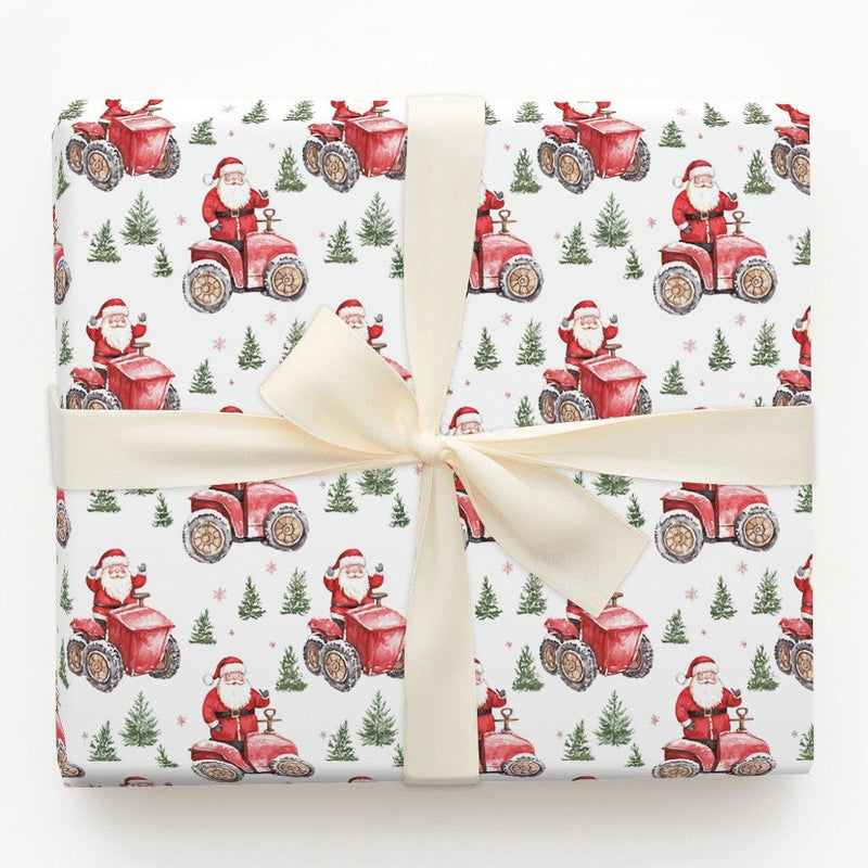 Farmhouse Santa Gift Wrap Roll, Santa on Tractor Christmas Wrapping Paper, Watercolor Holiday Wrapping Paper, Rustic Christmas Present Wrap