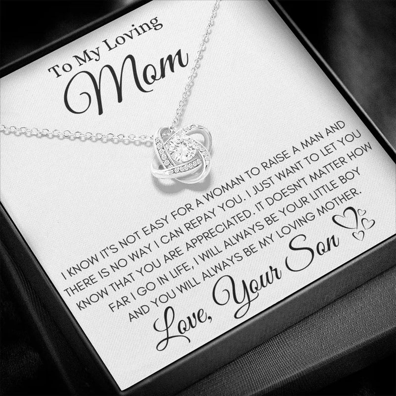 Son to Mother Message Jewelry, Love Knot Necklace for Mom, 14k White Gold Over Stainless Steel Pendant, Birthday Christmas Present