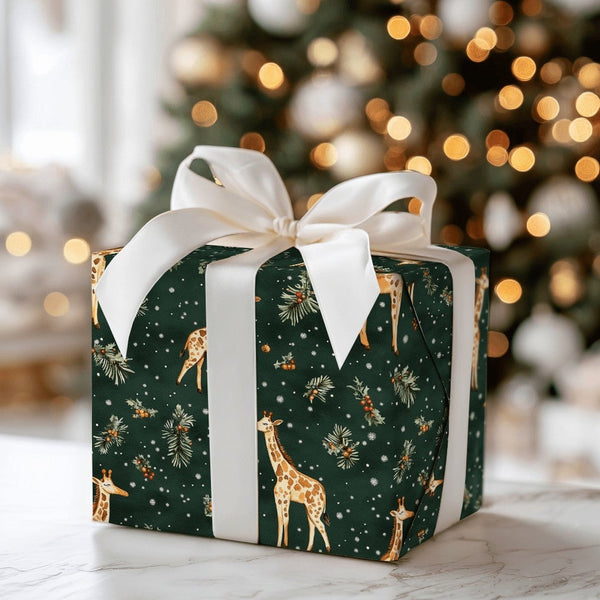 Holly and Snowflake Giraffe Gift Wrap, Christmas Giraffe Wrapping Paper, Winter Giraffe Wrapping Paper, Forest Green Holiday 