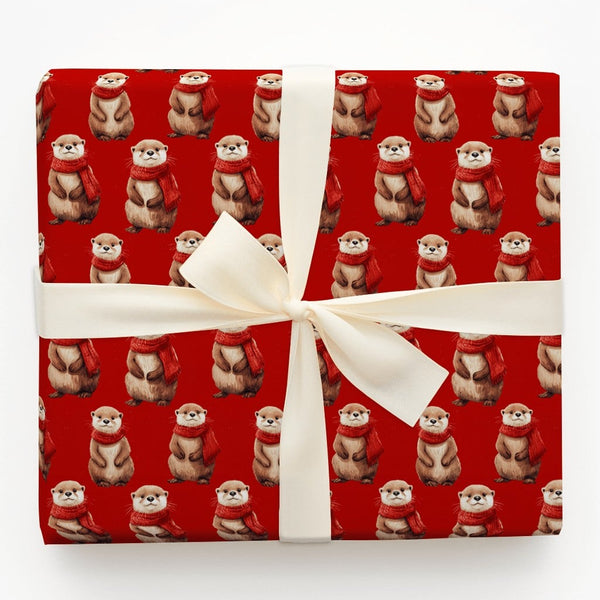 Adorable Animal Christmas Wrapping Paper, Red Scarf Otter Wrapping Paper, Festive Holiday Otter Gift Wrap, Animal Lover Prese