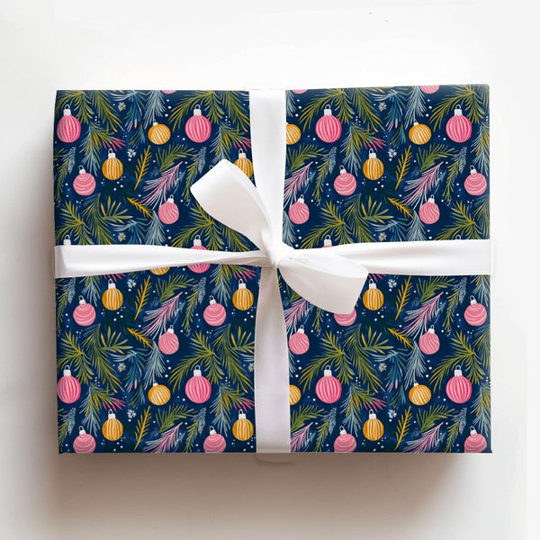Navy Blue Christmas Gift Wrap, Pink and Gold Ornament Wrapping Paper, Watercolor Bauble Holiday Wrapping Paper, Festive Wrapp