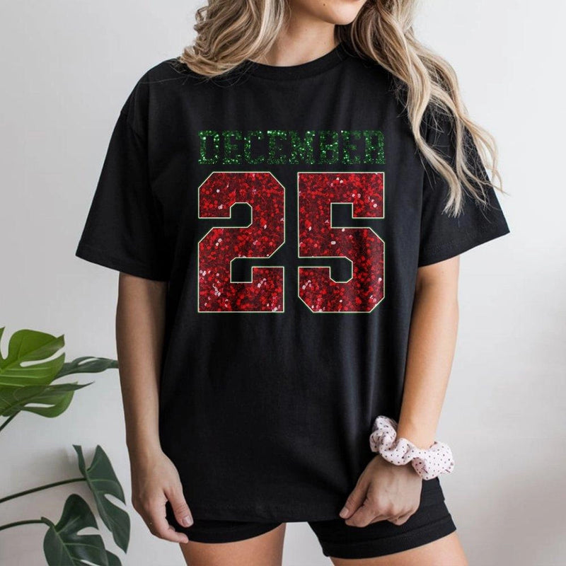 Retro Glitter Number Holiday Graphic Tee, December 25 Christmas T-Shirt, Adorable Festive Xmas Party Shirt, Womens Christmas Holiday Graphic Tee