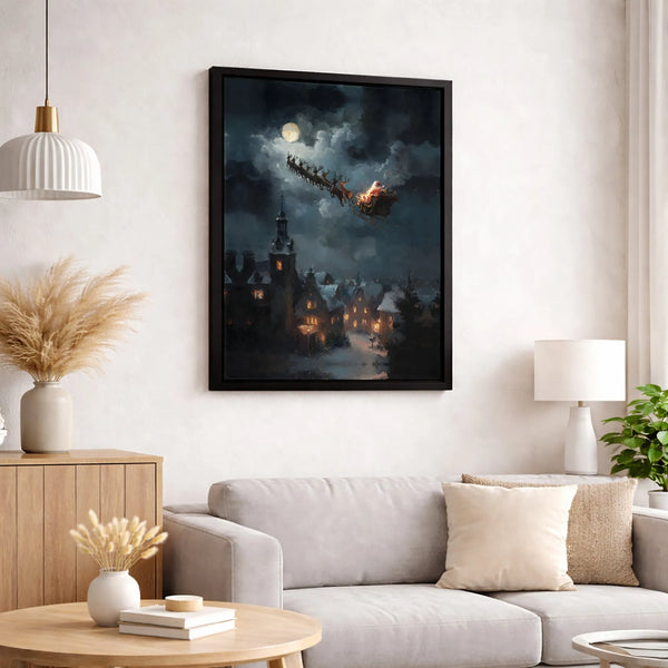 Snowy Christmas Village Canvas Wall Art, Santa Sleigh Canvas Print, Winter Night Holiday Canvas Decor, Festive Xmas Eve Wall 