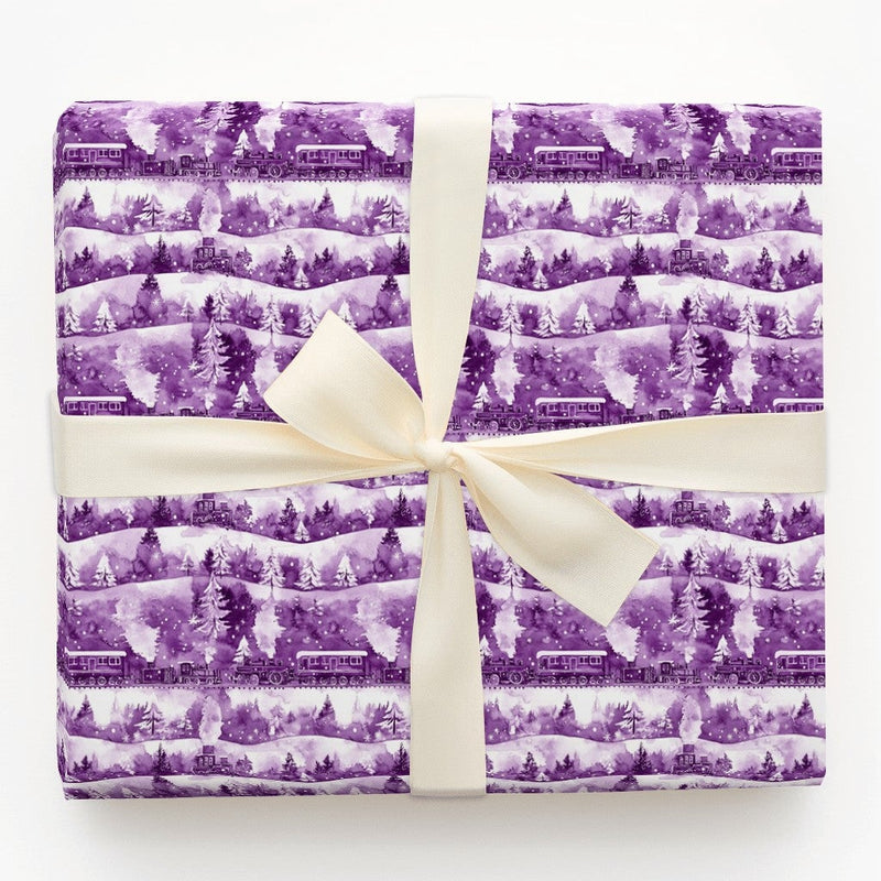 Snowy Winter Forest Gift Wrap, Purple Steam Train Wrapping Paper, Vintage Locomotive Holiday Wrapping Paper, Scenic Christmas Gift Wrap