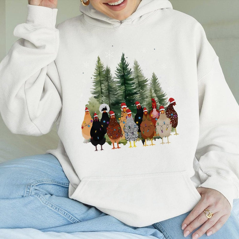 Adorable Holiday Farm Animal Sweatshirt, Christmas Chicken Hoodie, Xmas Chicken Mom Pullover, Farmer Present Sweater, Holiday Animal Graphic Hoodie