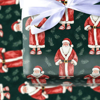 Dark Green Pine Holiday Gift Wrap, Watercolor Santa Claus Wrapping Paper, Vintage Christmas Wrapping Paper, Festive Winter Season Gift Wrap