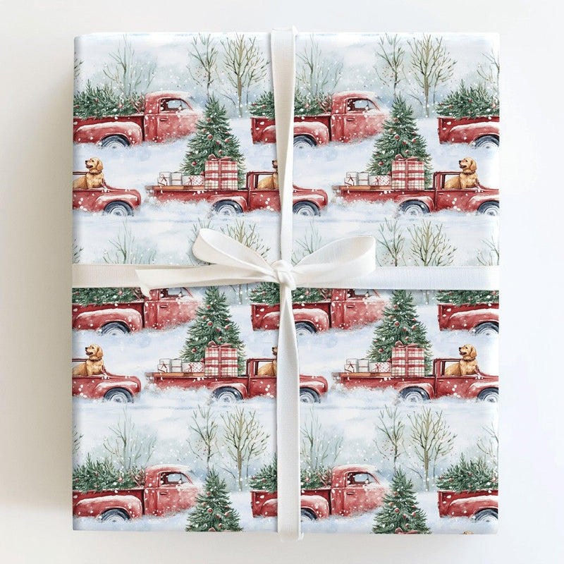 Golden Retriever Dog Gift Wrap, Vintage Red Truck Christmas Wrapping Paper, Rustic Farmhouse Wrapping Paper Roll, Holiday Present Paper