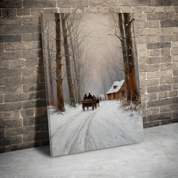 Snowy Cabin Landscape Painting Print, Winter Horse Drawn Sleigh Wall Art, Rustic Christmas Holiday Poster, Digital Download