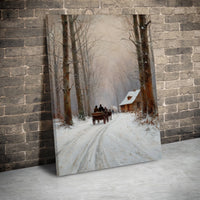 Snowy Cabin Landscape Painting Print, Winter Horse Drawn Sleigh Wall Art, Rustic Christmas Holiday Poster, Digital Download