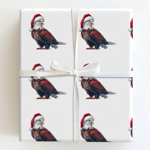 Patriotic Santa Hat Gift Wrap, Bald Eagle Christmas Wrapping Paper, American Holiday Wrapping Paper Roll, Veteran Christmas W