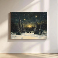 Snowy Night Landscape Glowing Stars Print, Winter Forest Canvas Wall Art, Christmas Pine Tree Decor, Magical Holiday Night Art Canvas