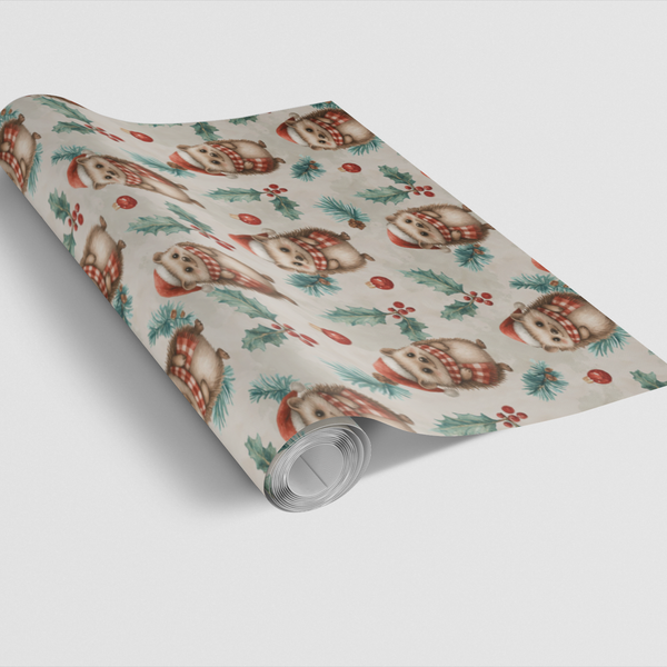 Adorable Woodland Animal Holiday Gift Wrap, Hedgehog Christmas Wrapping Paper, Winter Forest Present Paper, Festive Xmas Wrap