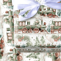 Snowy Pine Tree Holiday Gift Wrap Roll, Vintage Green Train Christmas Wrapping Paper, Retro Winter Present Paper, Kids Xmas Gift Wrap