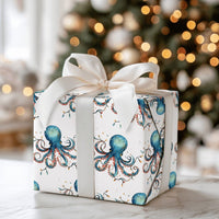 Coastal Christmas Gift Wrap, Watercolor Octopus Wrapping Paper, Ocean Holiday Wrapping Paper, Sea Life Gift Wrap, Holiday Present Roll