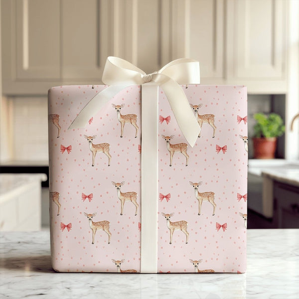 Adorable Red Bow Holiday Gift Wrap, Baby Deer Fawn Christmas Wrapping Paper, Watercolor Woodland Wrapping Paper, Baby Shower 