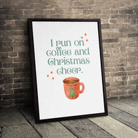 Watercolor Mug Wall Art, I Run on Coffee and Christmas Cheer Canvas, Holiday Coffee Canvas Print, Adorable Christmas Cheer Kitchen Wall Decor