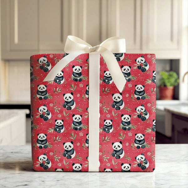 Red Holiday Panda Gift Wrap, Adorable Panda Bear Christmas Wrapping Paper, Festive Snowflake Wrapping Paper, Kids Animal Pres