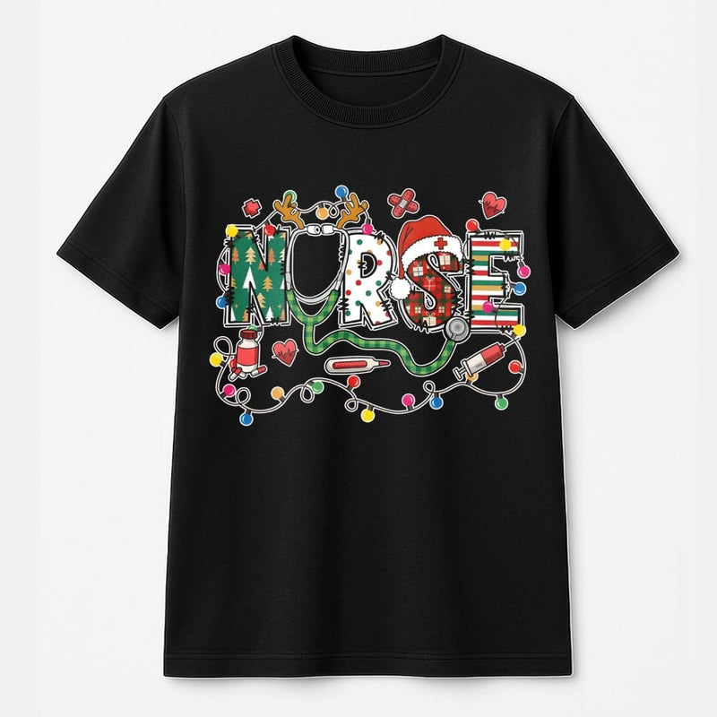 Festive Stethoscope Nurse Tee, Christmas Nurse T-Shirt, Registered Nurse Xmas Shirt, Nursing Student Holiday T-Shirt, RN Medical Staff Present