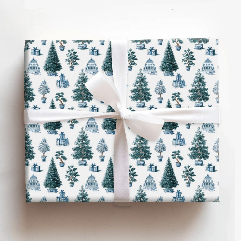 Blue and White Holiday Gift Wrap, Chinoiserie Christmas Wrapping Paper, Porcelain Style Tree Wrapping Paper, Elegant Winter Gift Wrap Roll