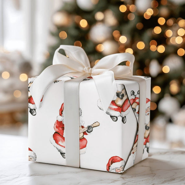 Music Lover Santa Gift Wrap, Guitar Santa Wrapping Paper, Watercolor Guitar Christmas Wrapping Paper, Festive Holiday Wrappin