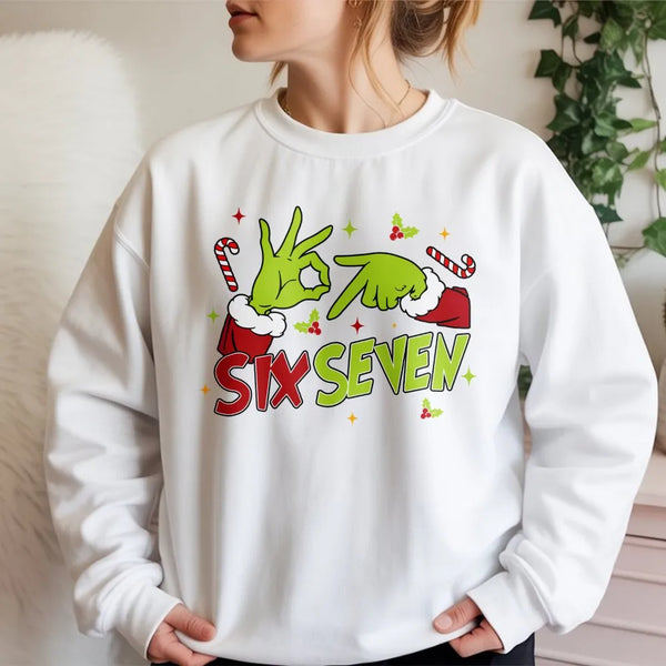 Humorous Green Hand Sign Sweatshirt, Six Seven Christmas Sweatshirt, Meme Holiday Crewneck, Gen Z Xmas Graphic Sweatshirt, Vi